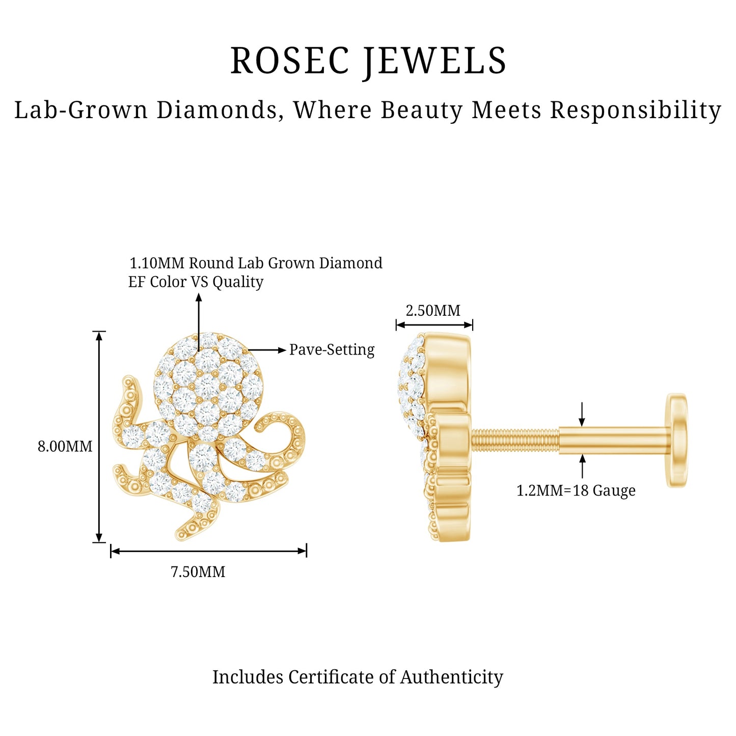 Diamond Octopus Earring with Flat Back