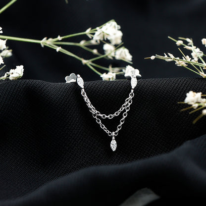 Marquise Diamond Double Piercing Earring with Dangling Chain