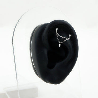 Marquise Diamond Double Piercing Earring with Dangling Chain