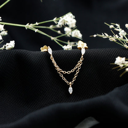 Marquise Diamond Double Piercing Earring with Dangling Chain