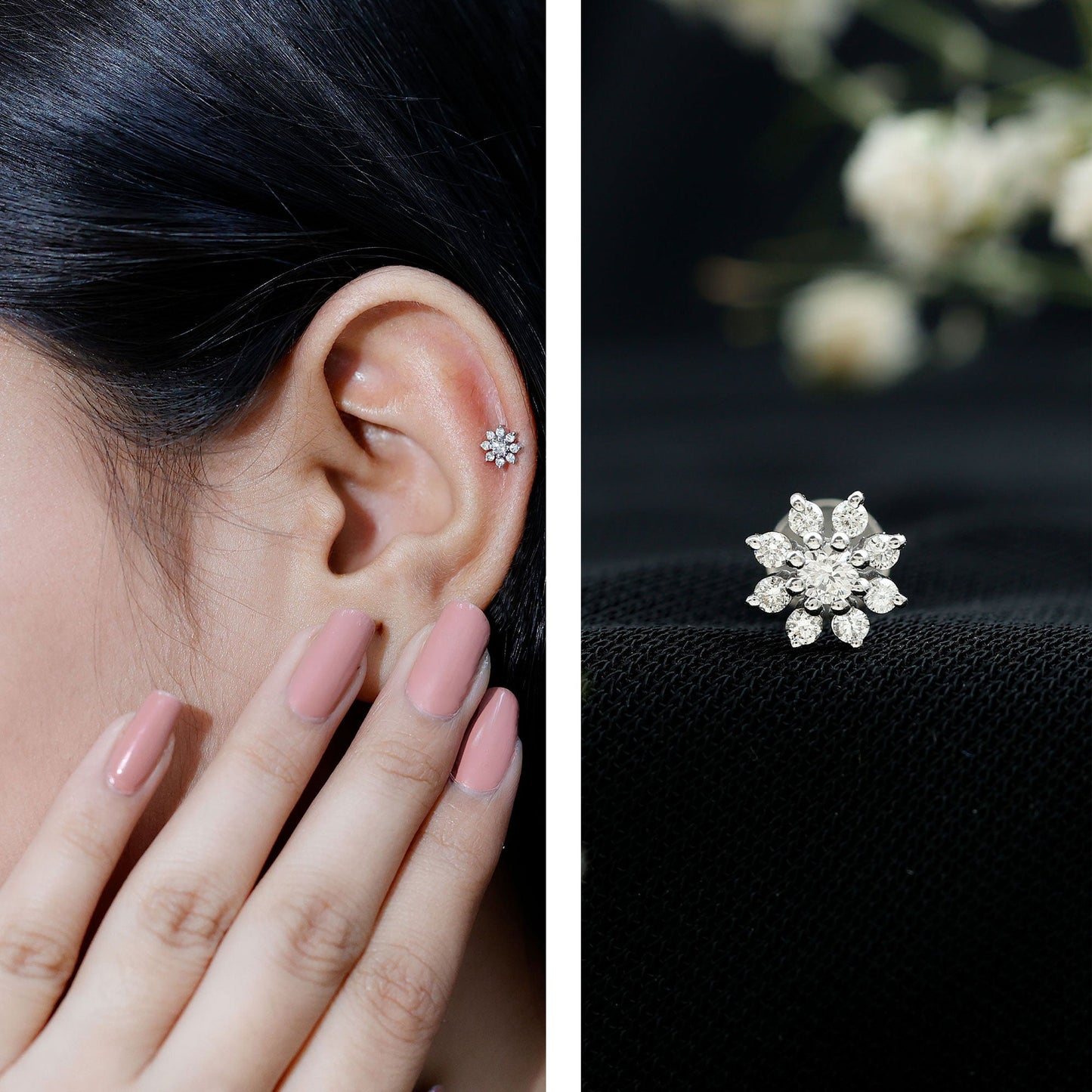Sparkling Diamond Flower Cartilage Earring with Flat Back