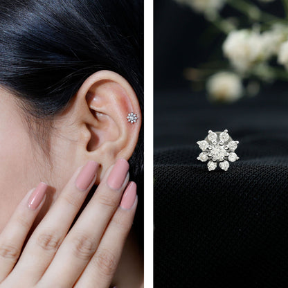 Sparkling Diamond Flower Cartilage Earring with Flat Back