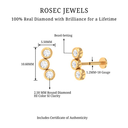 Three Diamond Curved Helix Earring in Bezel Setting