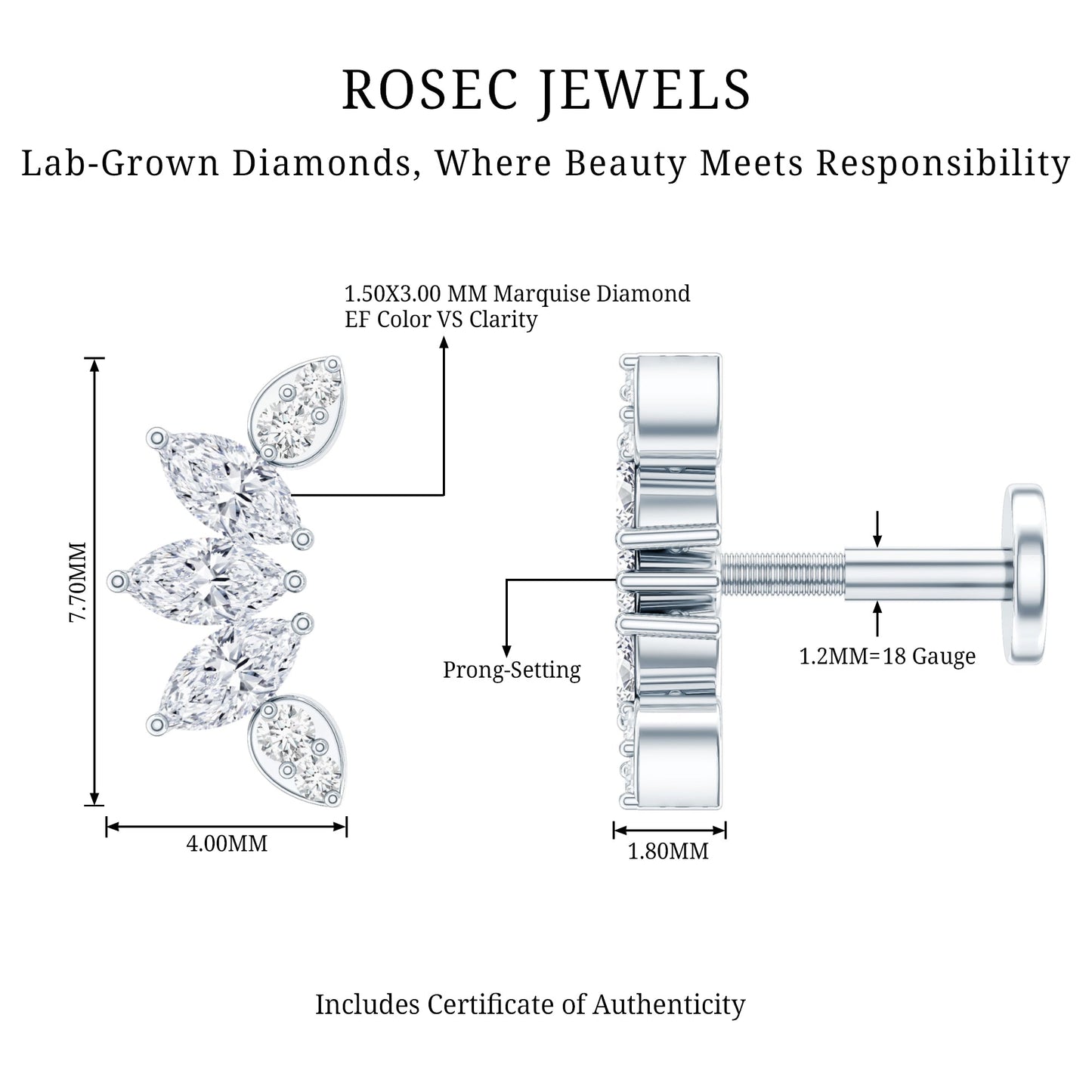 Marquise Diamond Leaf Crawler Earring for Helix Piercing