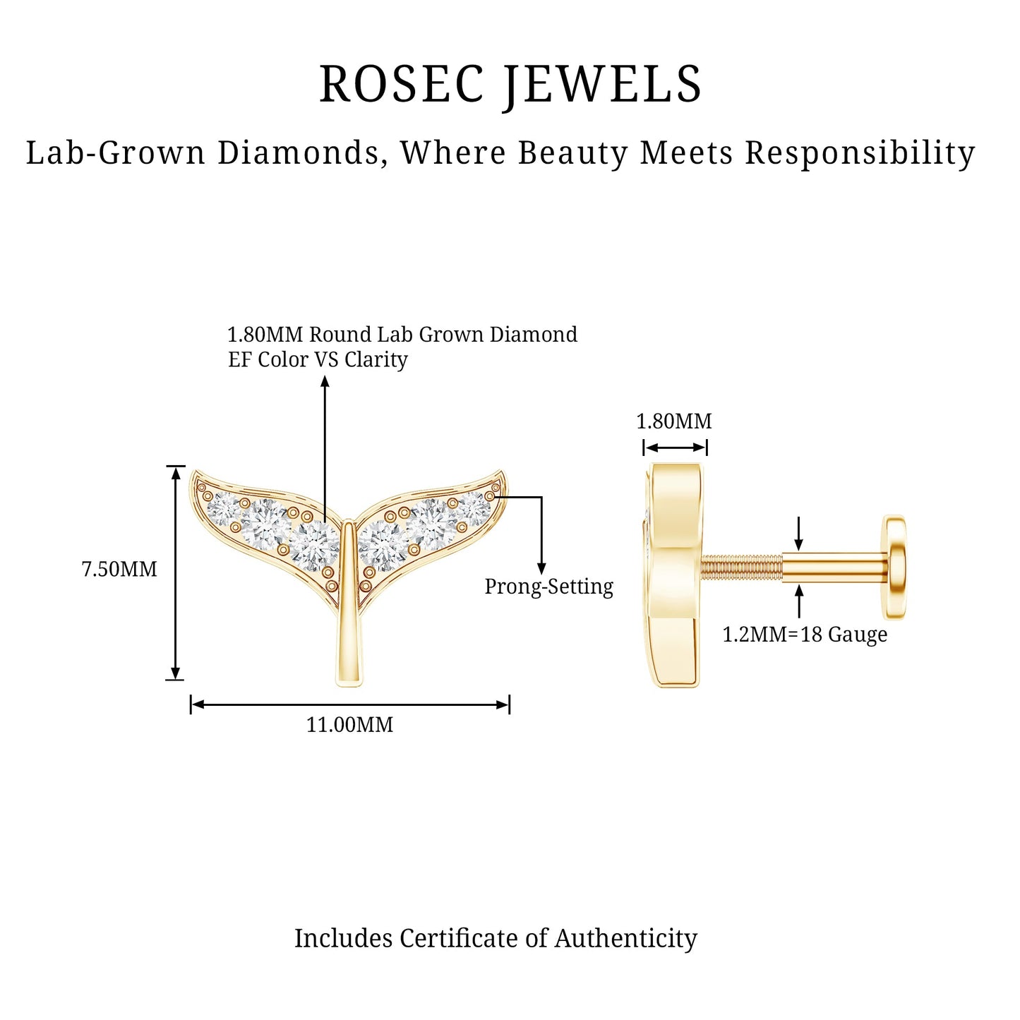 Certified Diamond Whale Tail Earring for Helix Piercing