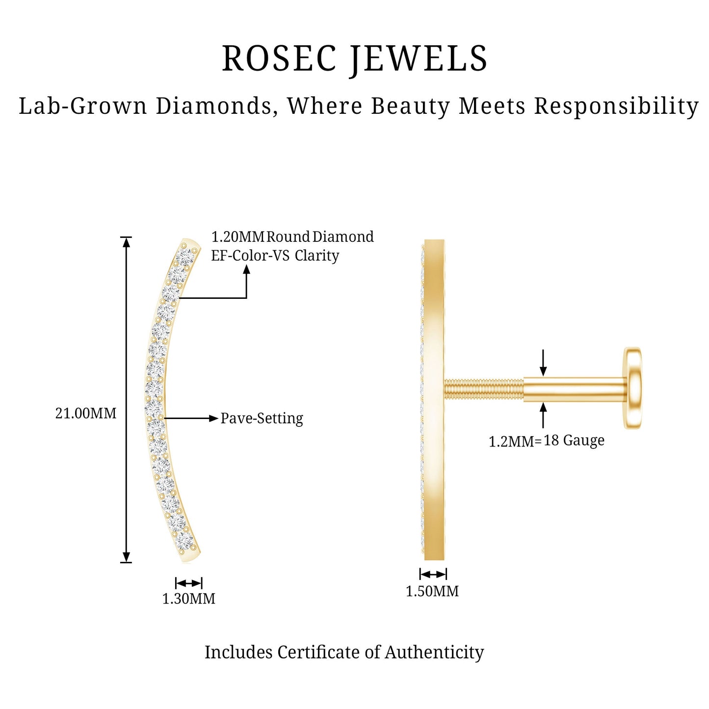 Pave Set Diamond Curved Bar Earring for Cartilage Piercing