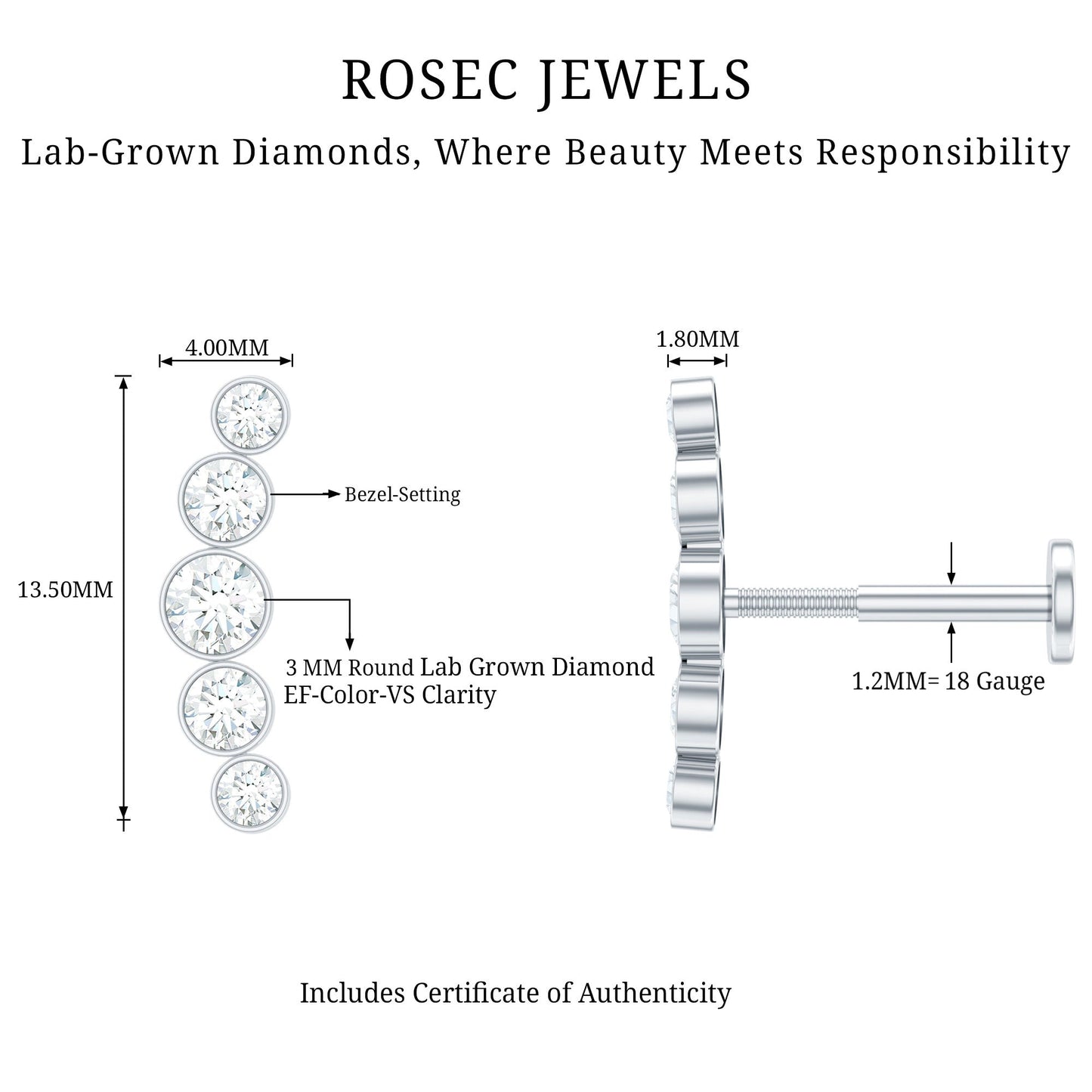 Graduated Style Diamond Crawler Earring for Helix Piercing