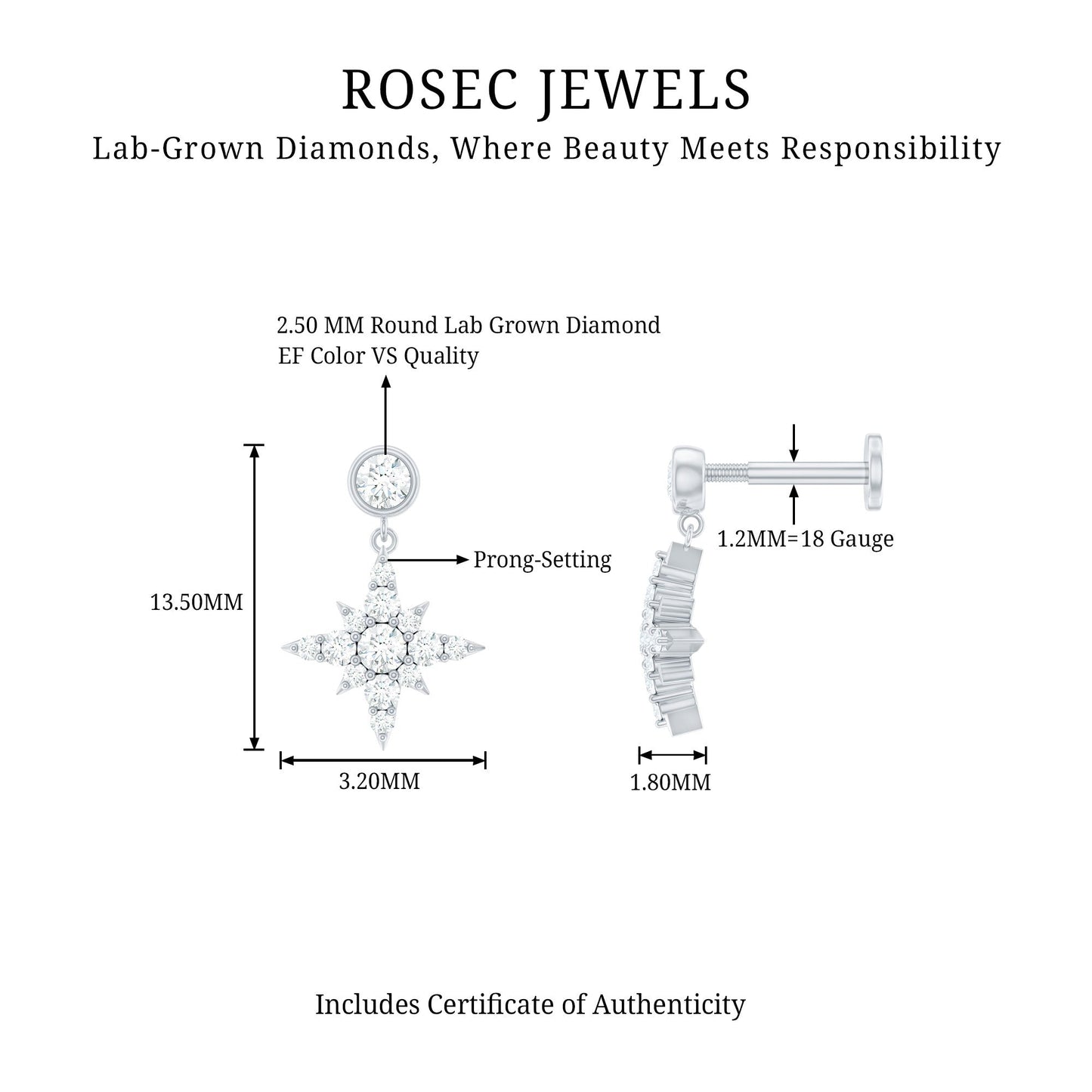 Certified Diamond Starburst Drop Earring for Helix Piercing