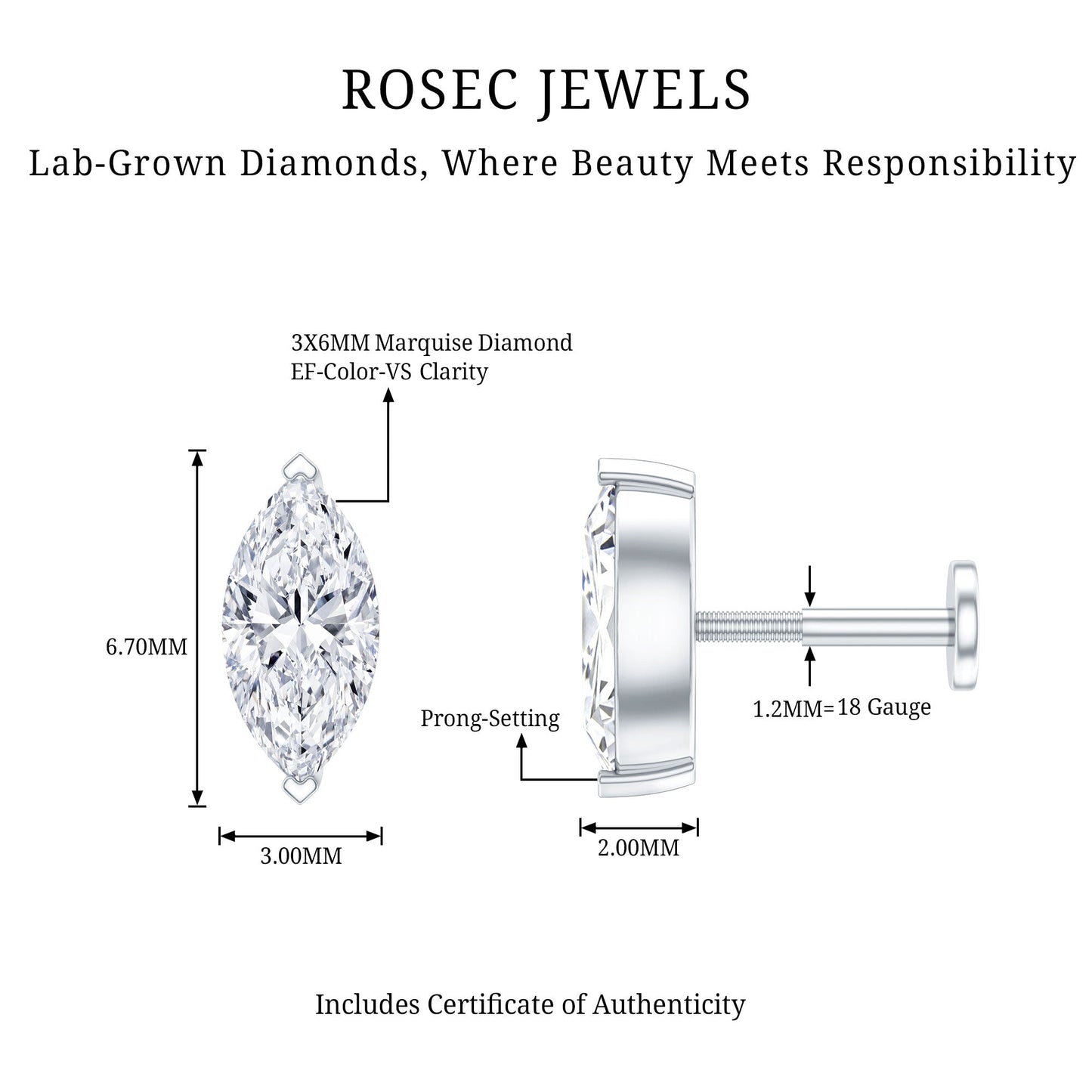 Marquise Diamond Solitaire Earring for Helix Piercing