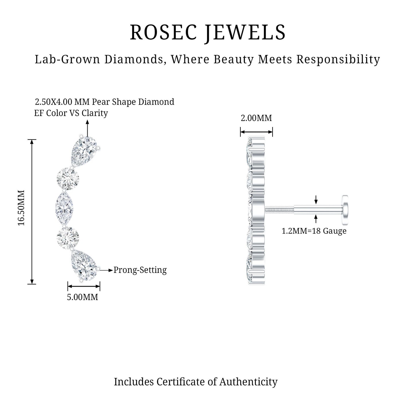 Simple Diamond Curved Crawler Earring for Helix Piercing