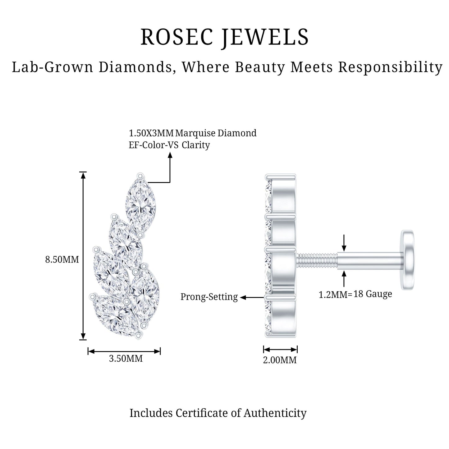 Marquise Diamond Leaf Cluster Earring for Helix Piercing