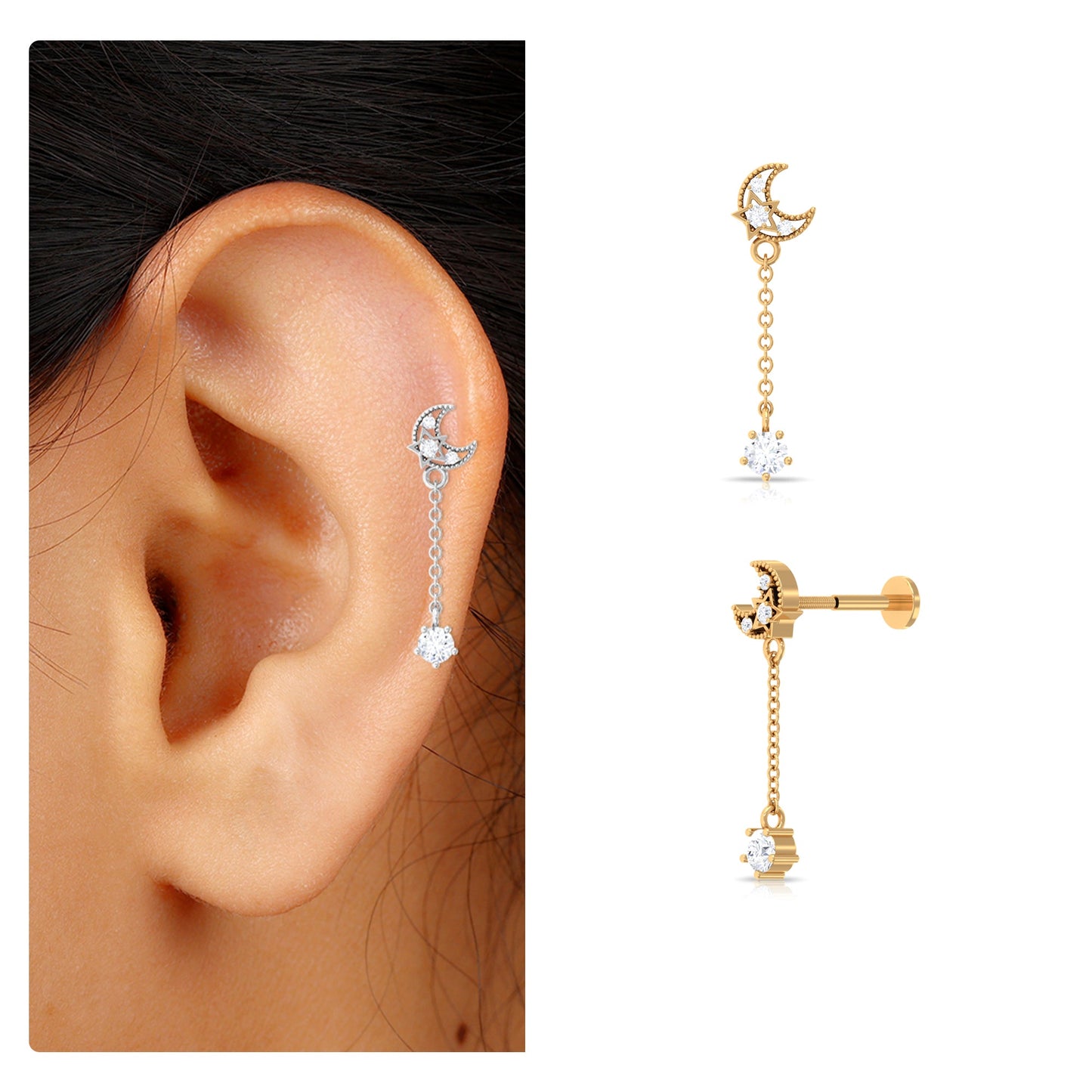 Diamond Moon Chain Earring for Helix Piercing