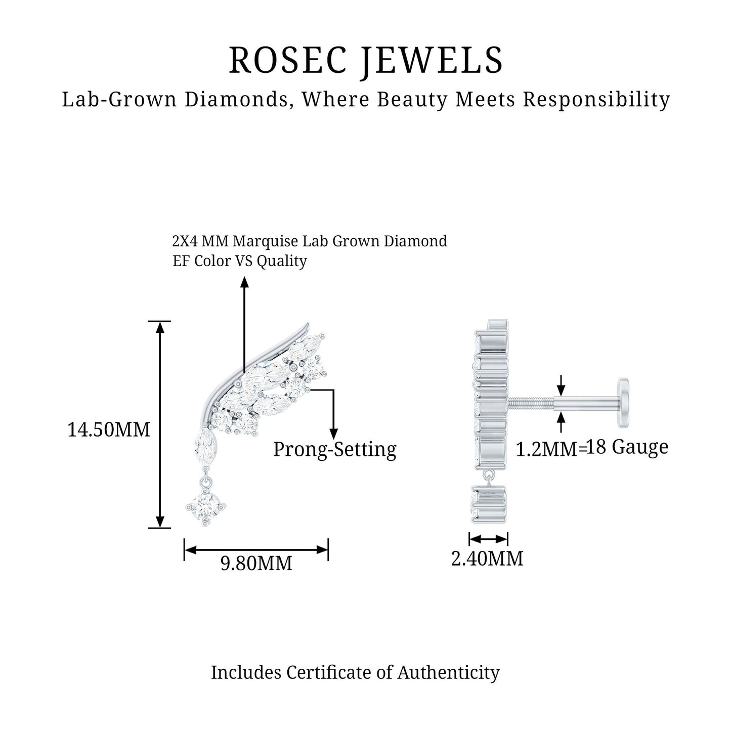 Brilliant Cut Diamond Wing Helix Drop Earring with Flat Back