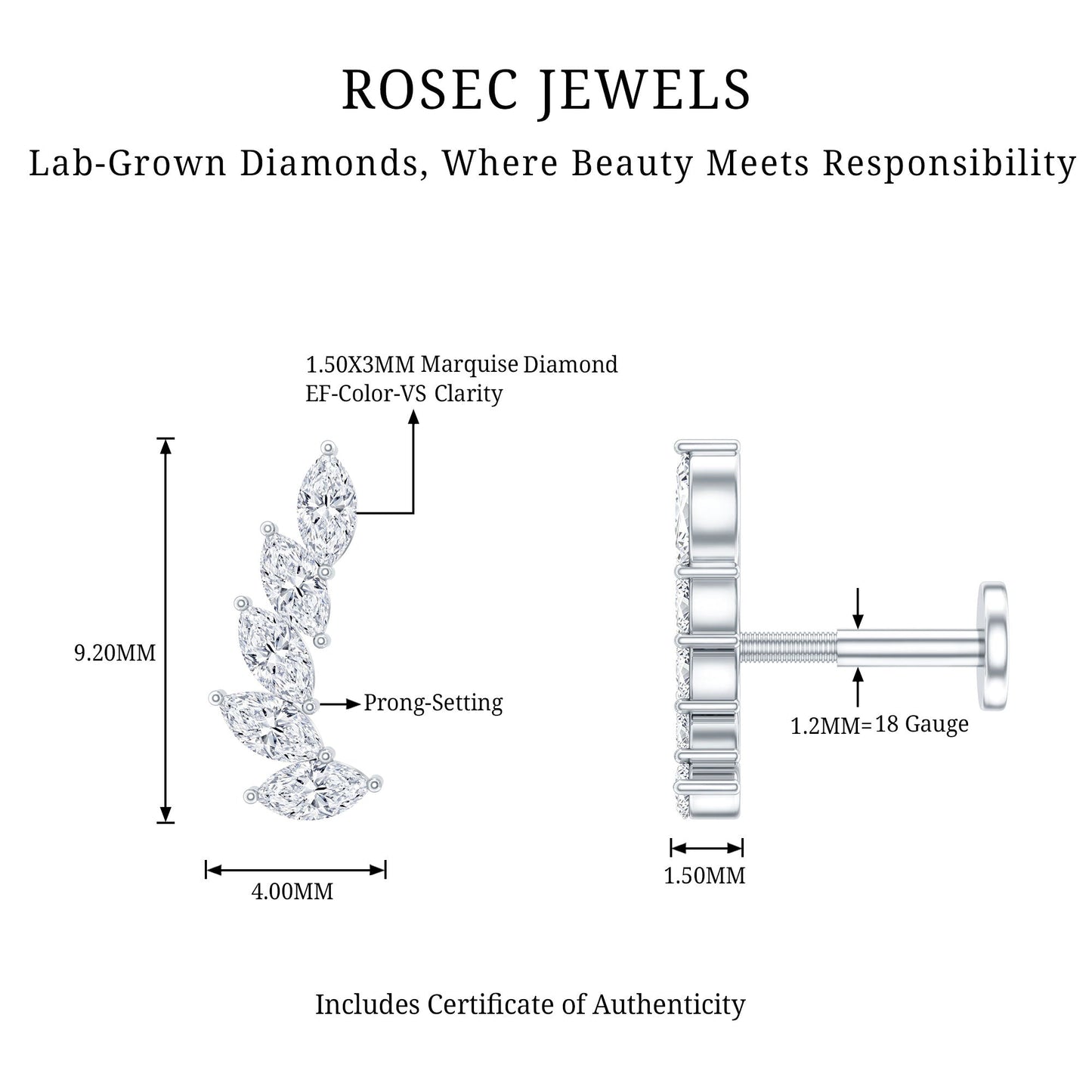 Marquise Diamond Crawler Earring for Helix Piercing