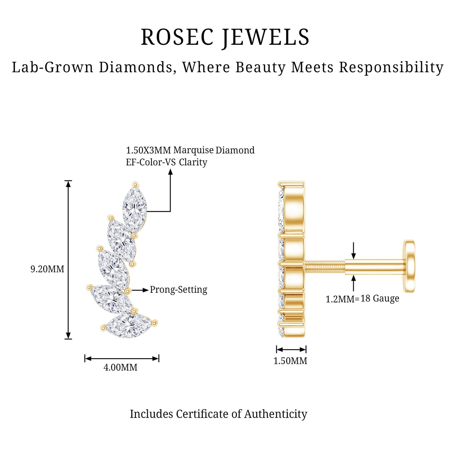 Marquise Diamond Crawler Earring for Helix Piercing