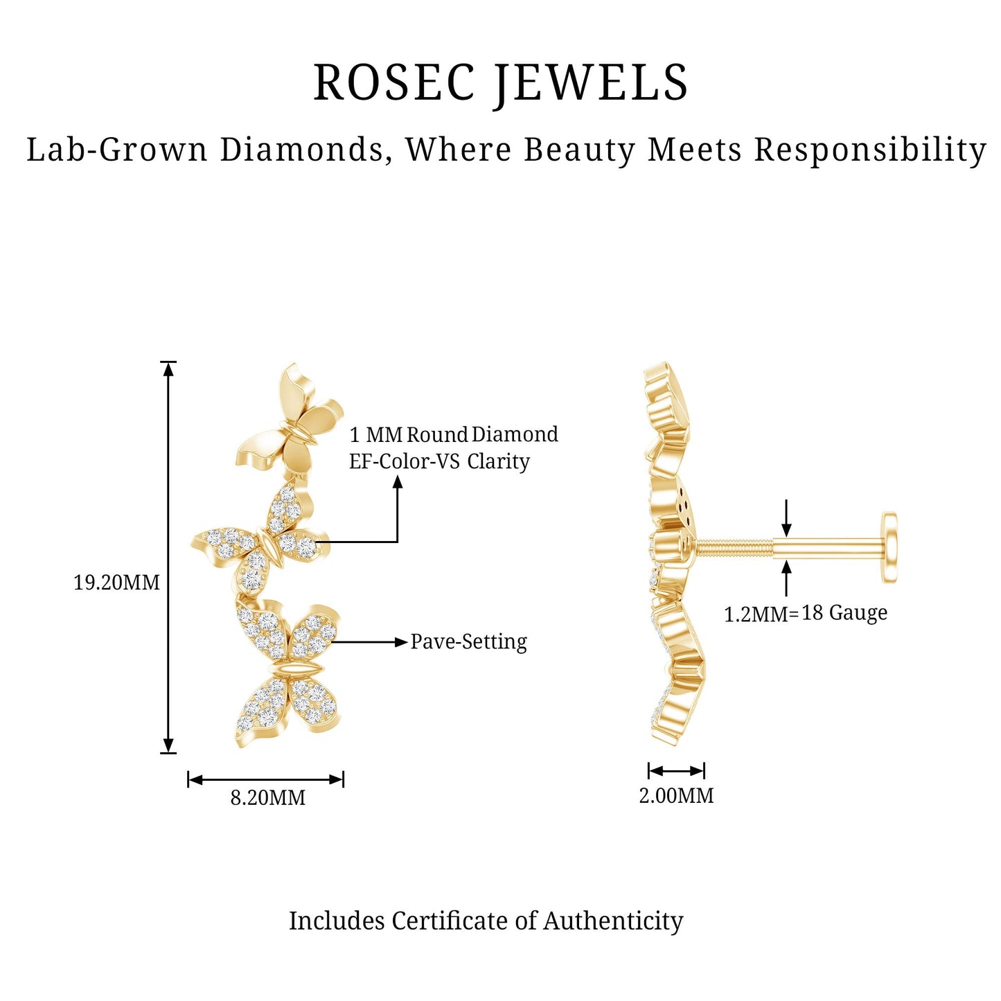 Diamond Butterfly Crawler Earring for Helix Piercing
