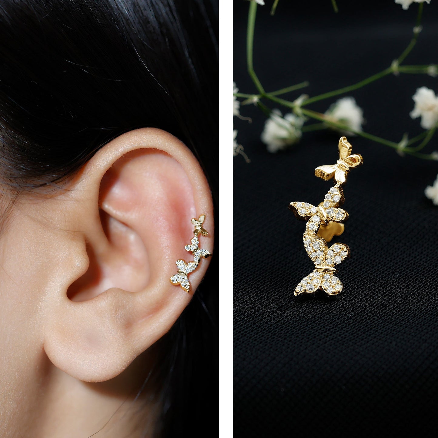 Diamond Butterfly Crawler Earring for Helix Piercing