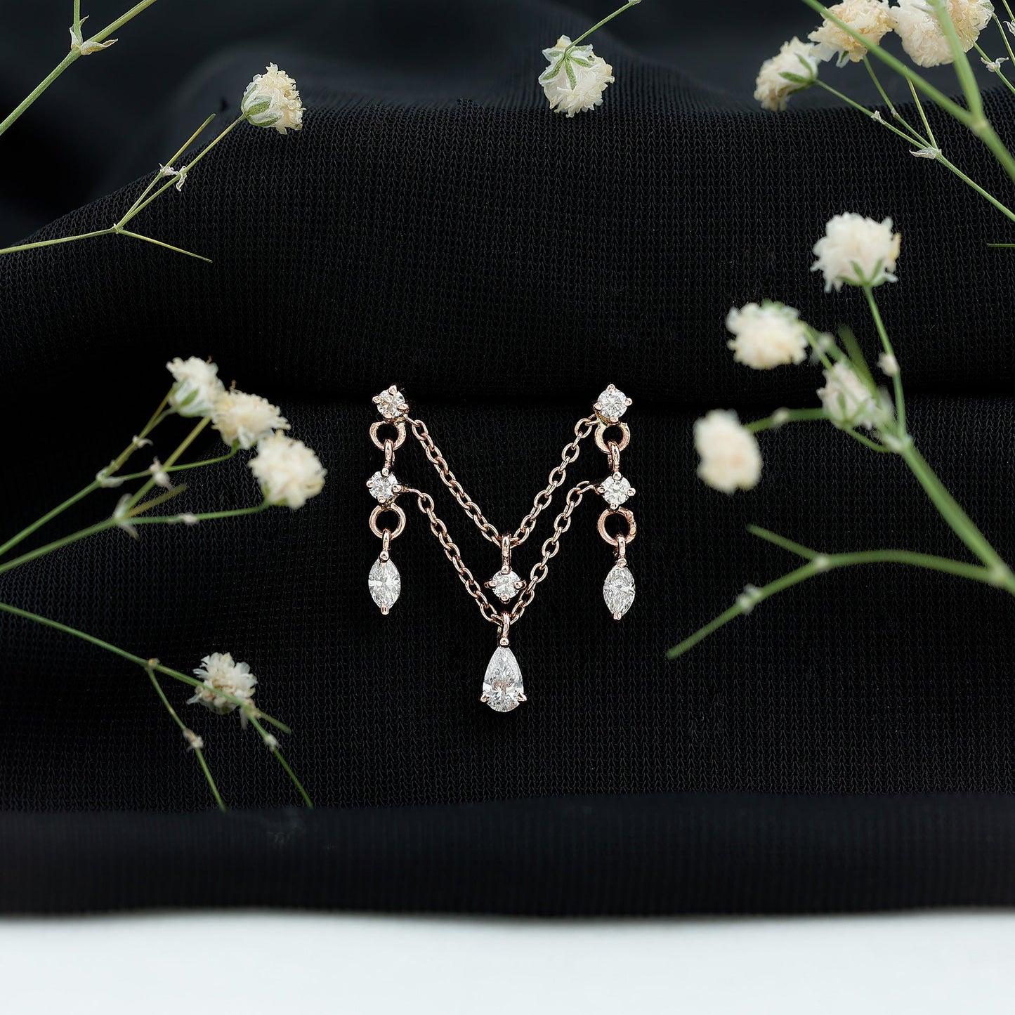 Brilliant Cut Diamond Double Chain Drop Earring for Cartilage Piercing