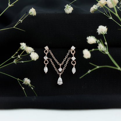 Brilliant Cut Diamond Double Chain Drop Earring for Cartilage Piercing