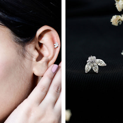 Marquise Cut Diamond Lotus Flower Earring for Cartilage Piercing