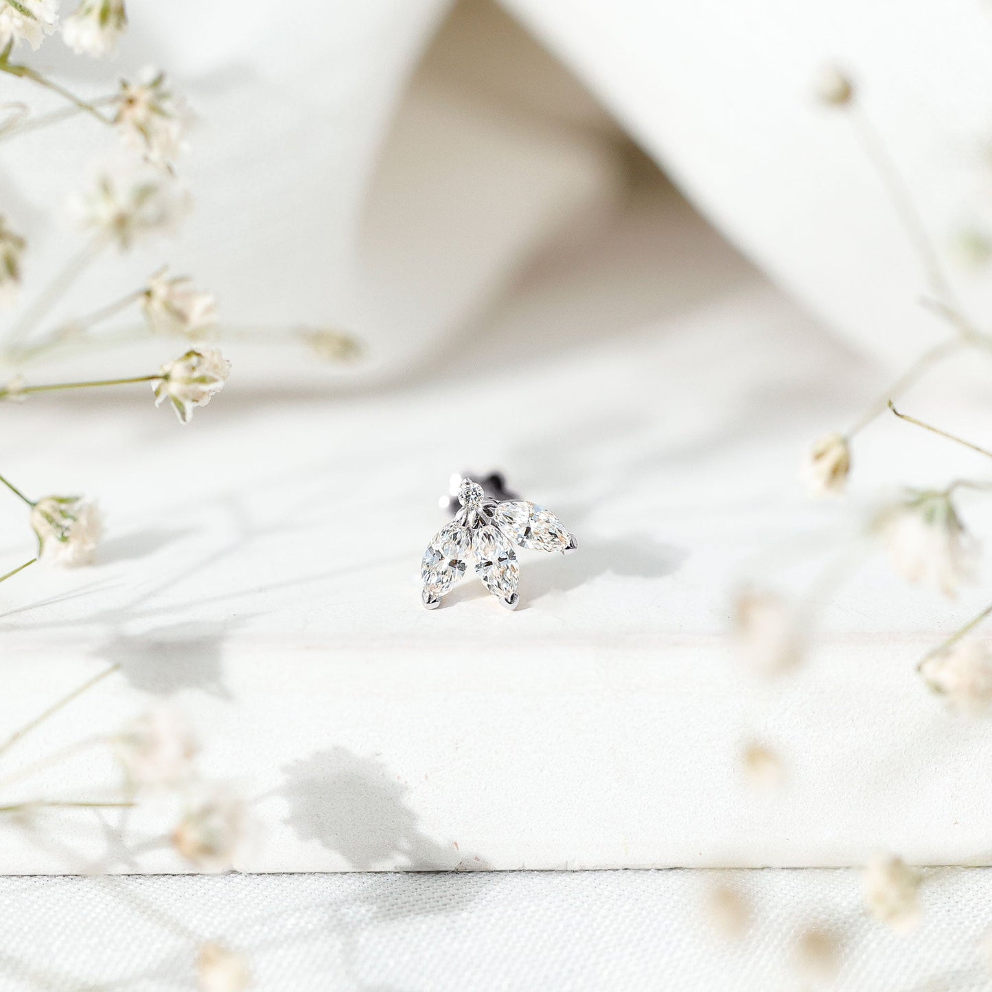 Marquise Cut Diamond Lotus Flower Earring for Cartilage Piercing