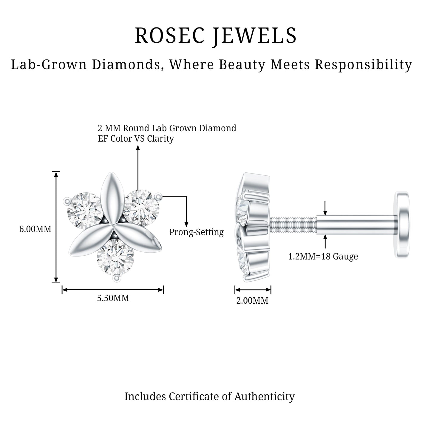 Brilliant Cut Diamond Floral Earring for Conch Piercing