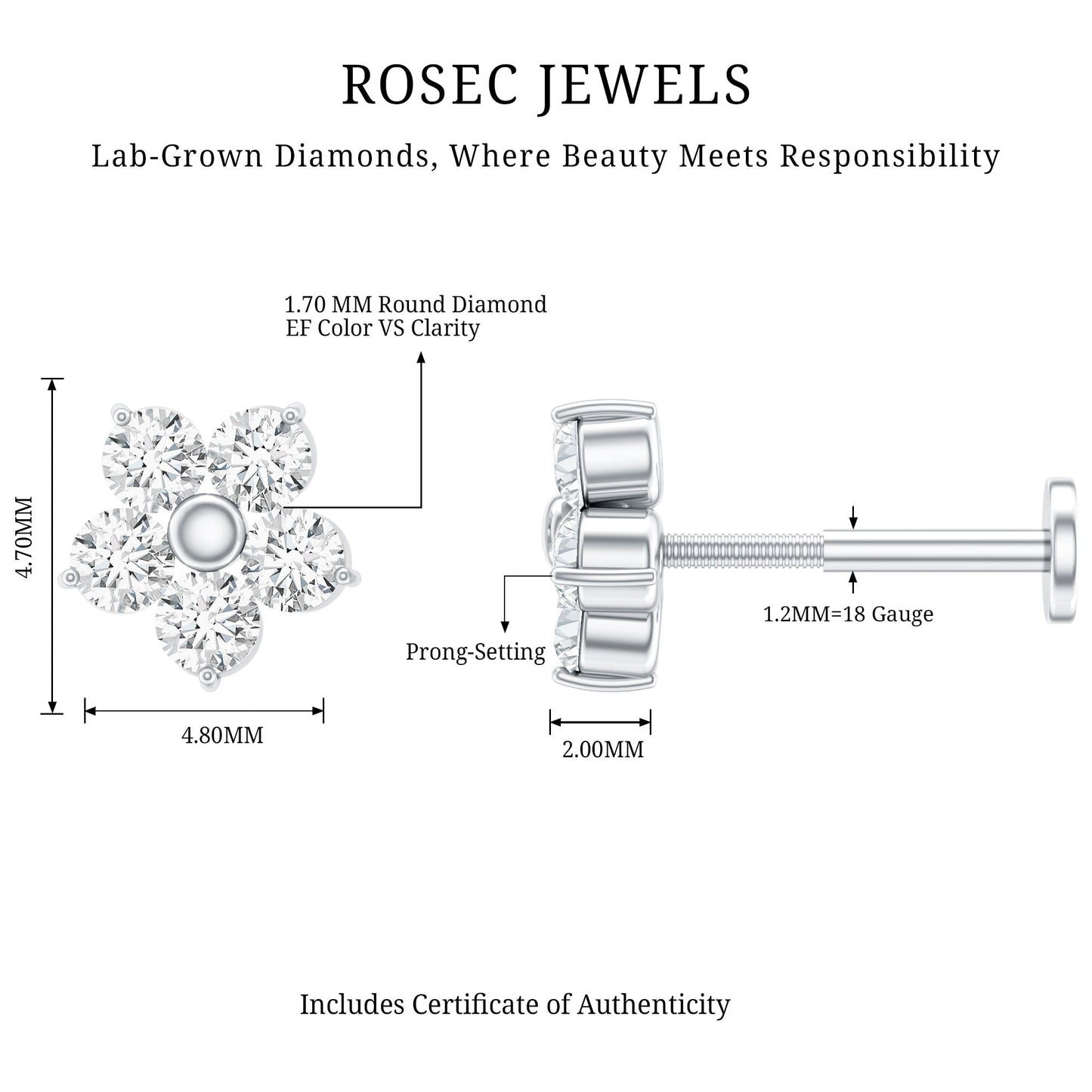Minimalist Diamond Flower Tragus Earring with Flat Back