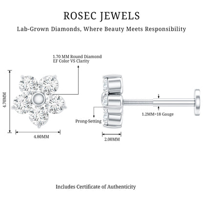 Minimalist Diamond Flower Tragus Earring with Flat Back