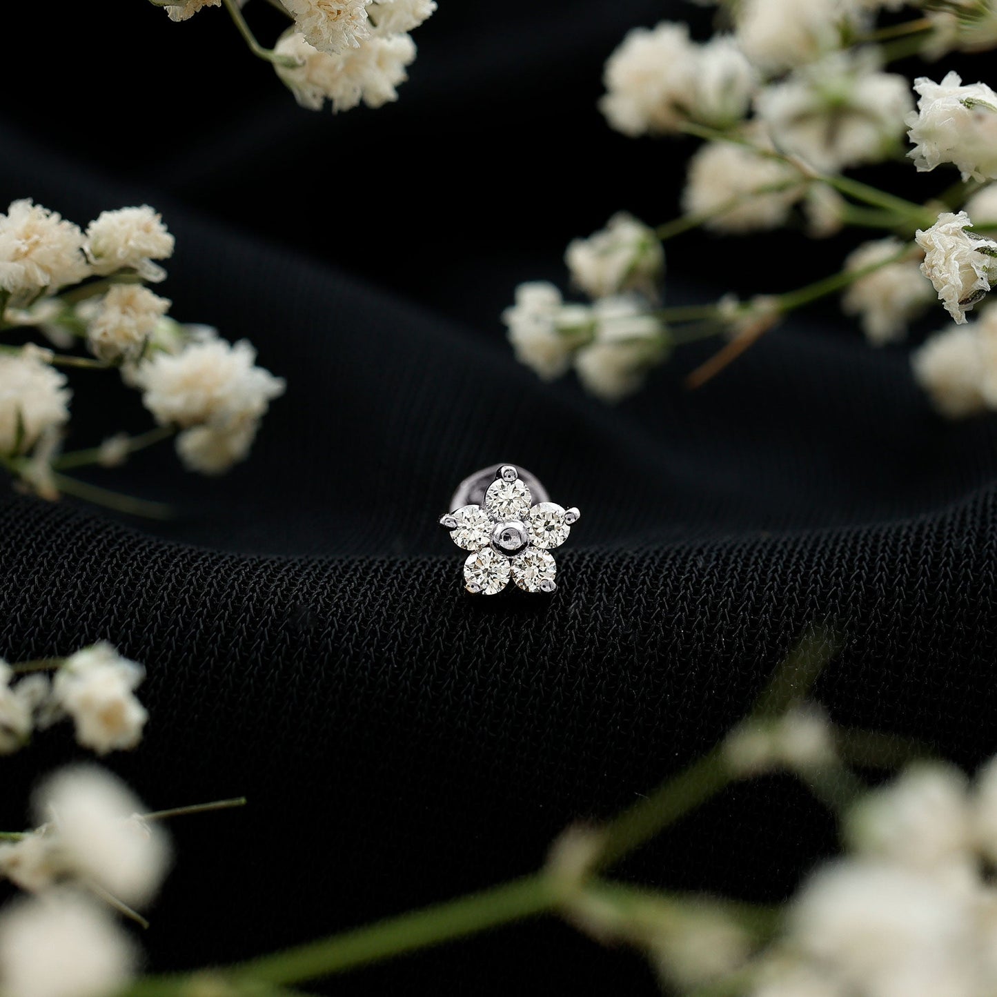 Minimalist Diamond Flower Tragus Earring with Flat Back