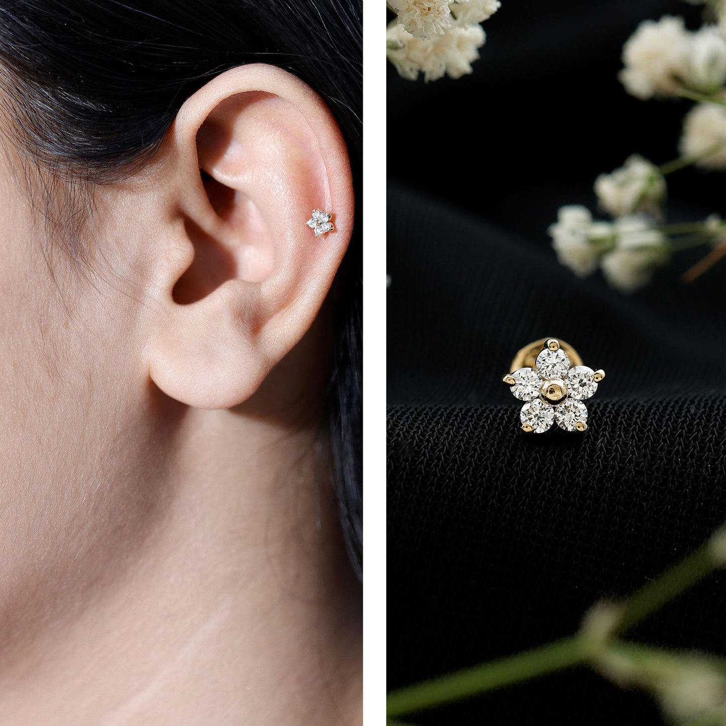 Minimalist Diamond Flower Tragus Earring with Flat Back