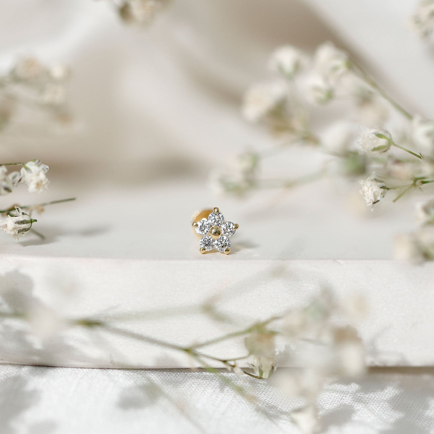 Minimalist Diamond Flower Tragus Earring with Flat Back