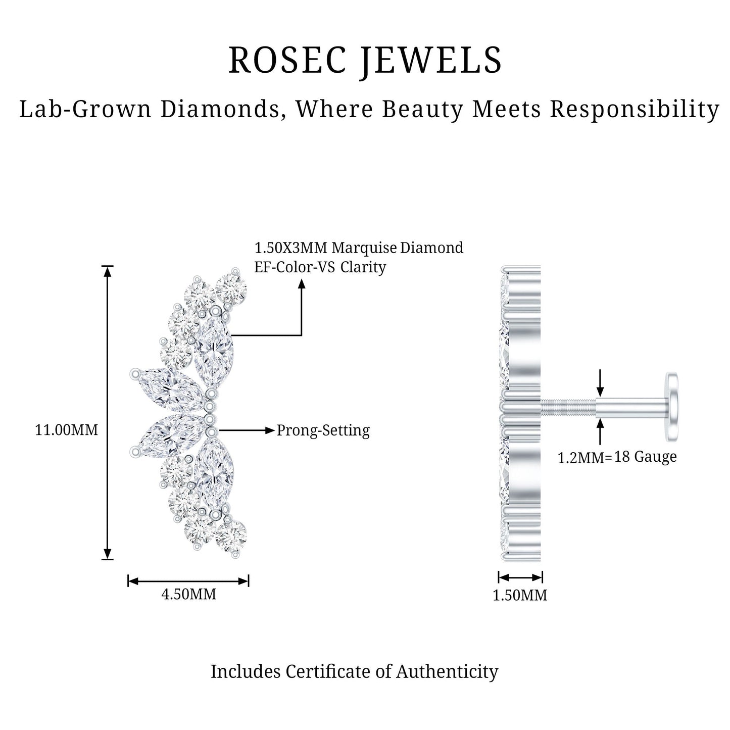 Unique Diamond Crawler Earring for Cartilage Piercing
