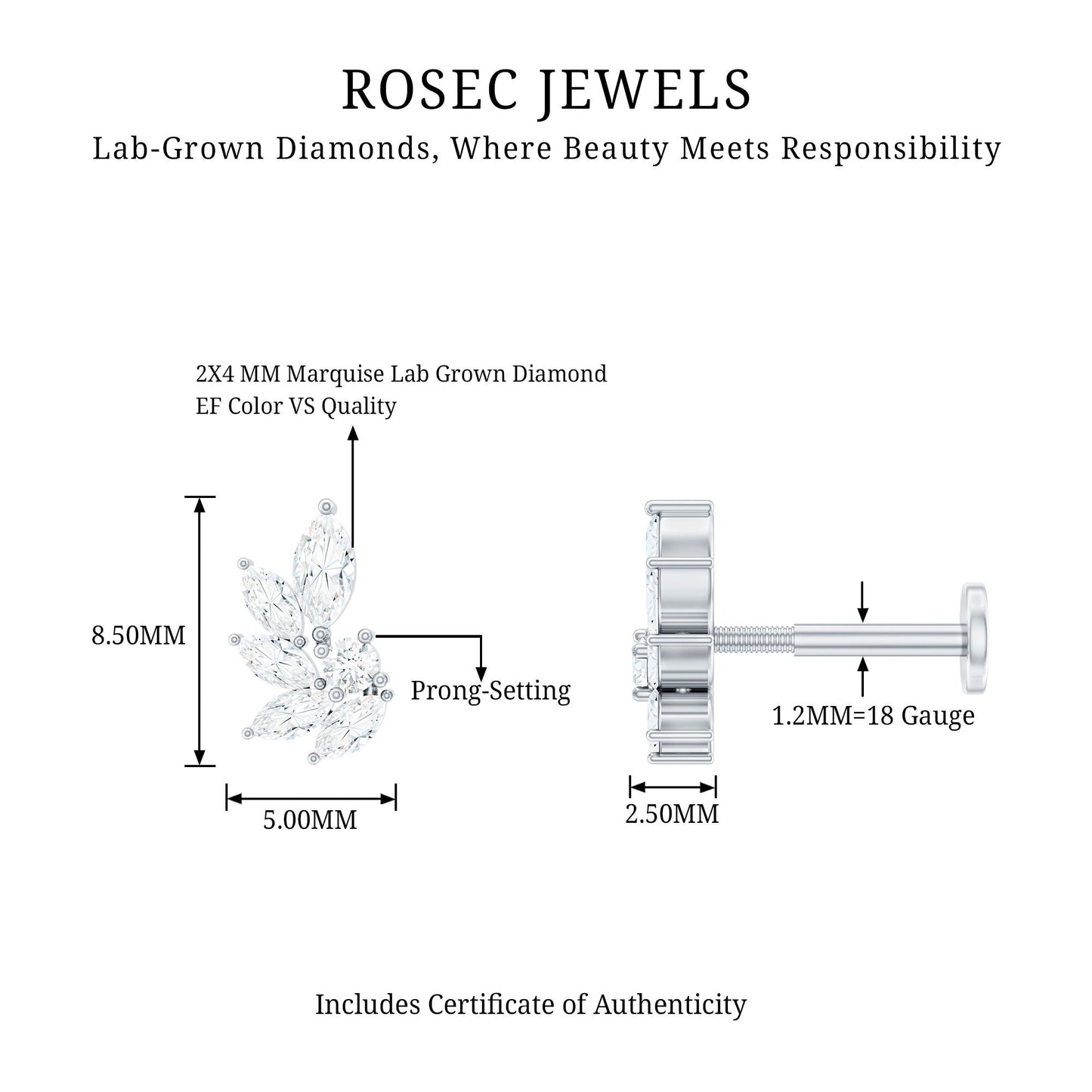 Marquise Diamond Leaf Cluster Earring for Cartilage Piercing