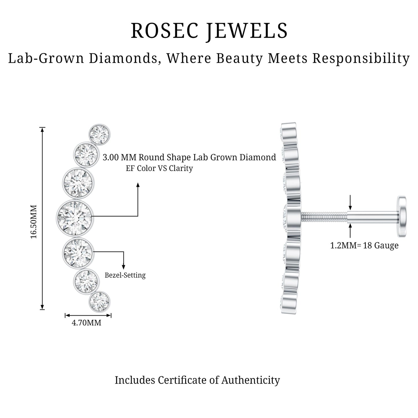 Graduated Diamond Crawler Helix Earring in Bezel Set