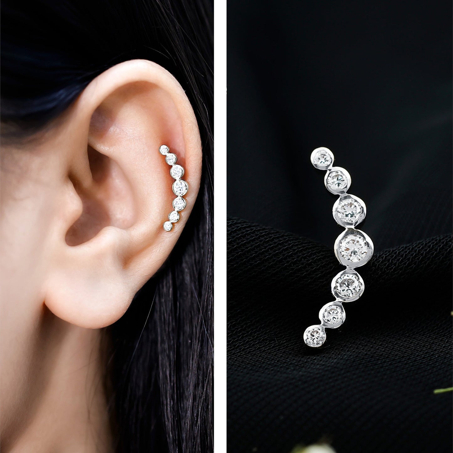Graduated Diamond Crawler Helix Earring in Bezel Set