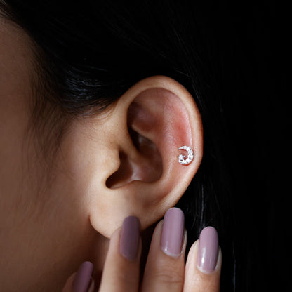 Certified Diamond Crescent Moon Helix Earring with Star