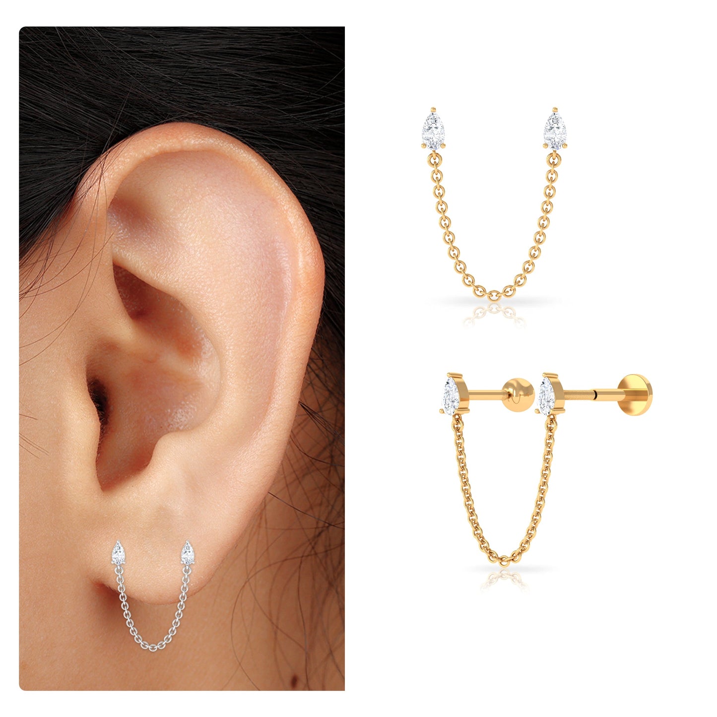 Pear Shape Diamond Chain Double Piercing Earring