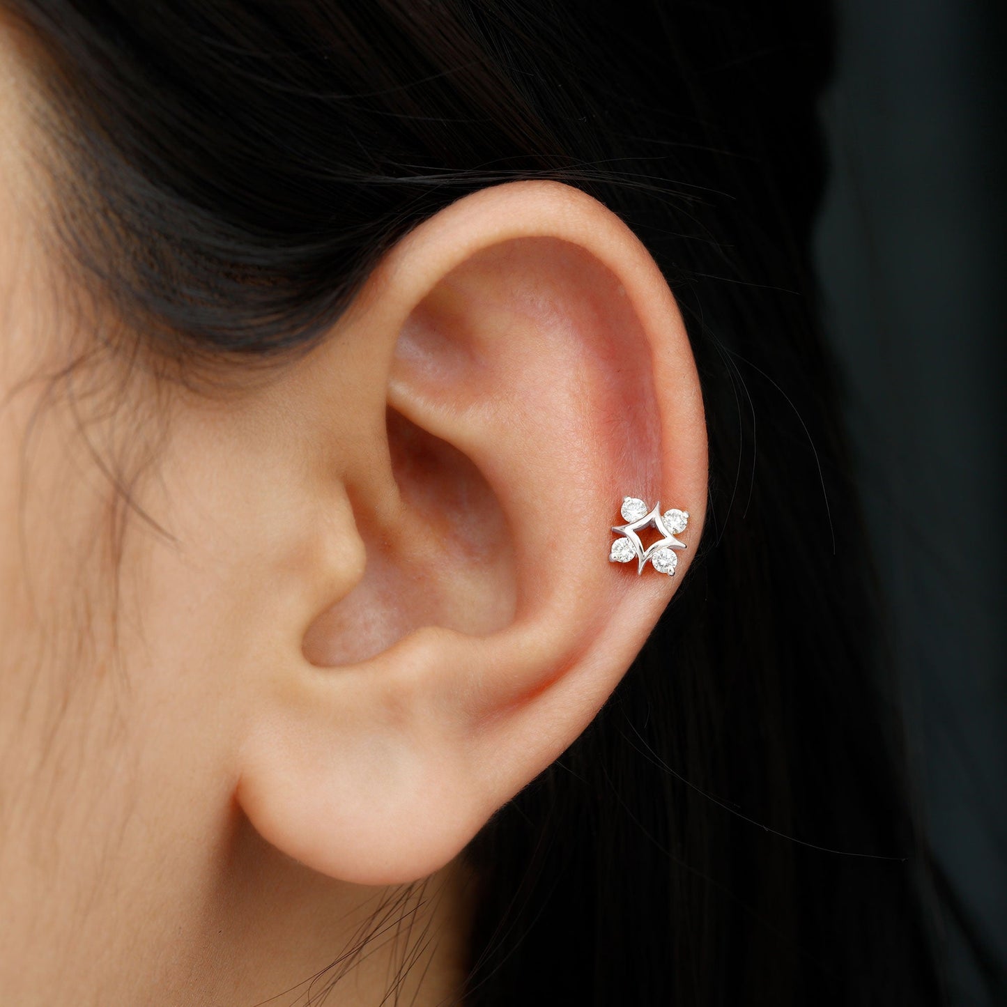 Round Cut Diamond Star Earring for Helix Piercing
