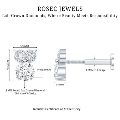 Diamond Owl Earring for Cartilage Piercing