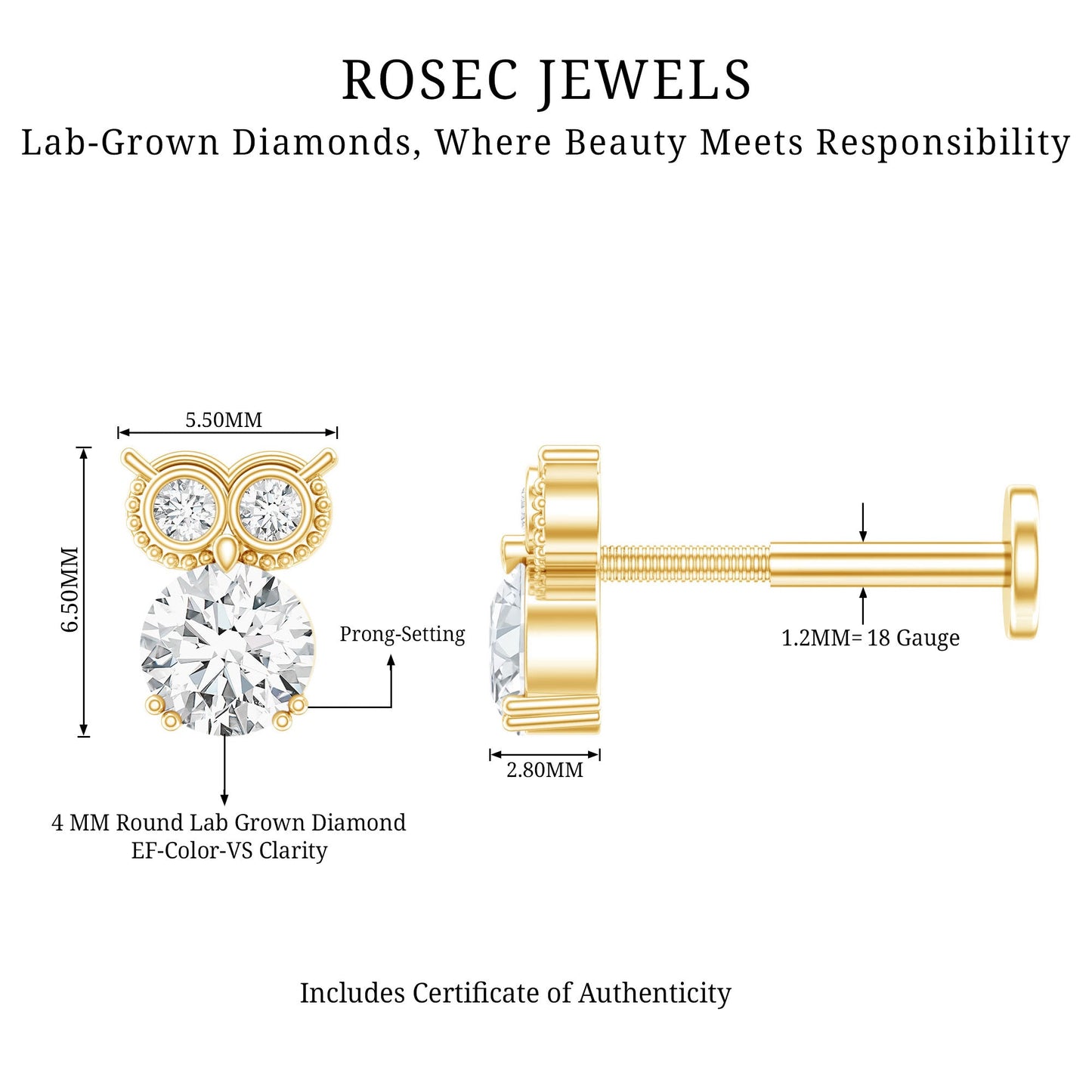 Diamond Owl Earring for Cartilage Piercing