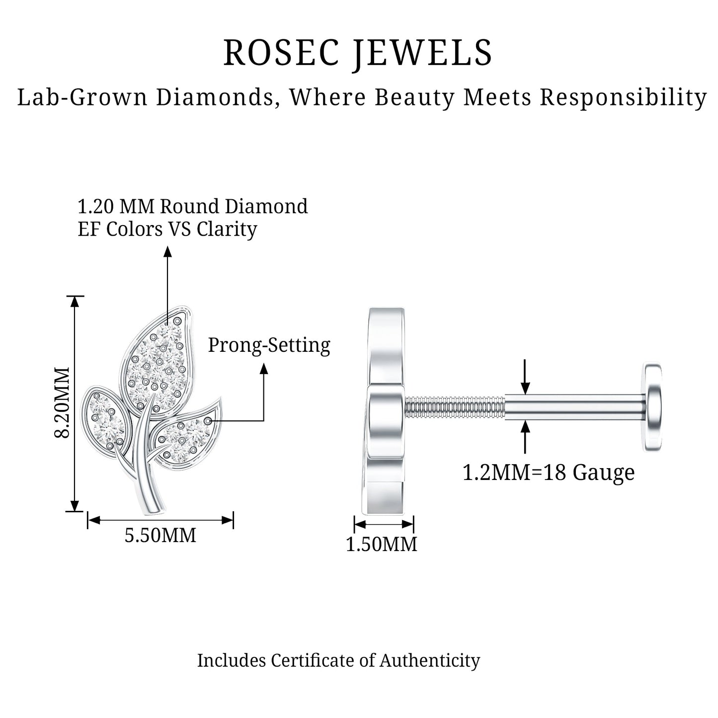 Diamond Leaf Flat Back Cartilage Stud Earring (18G) – Nature Inspired Helix & Tragus Jewelry in Gold