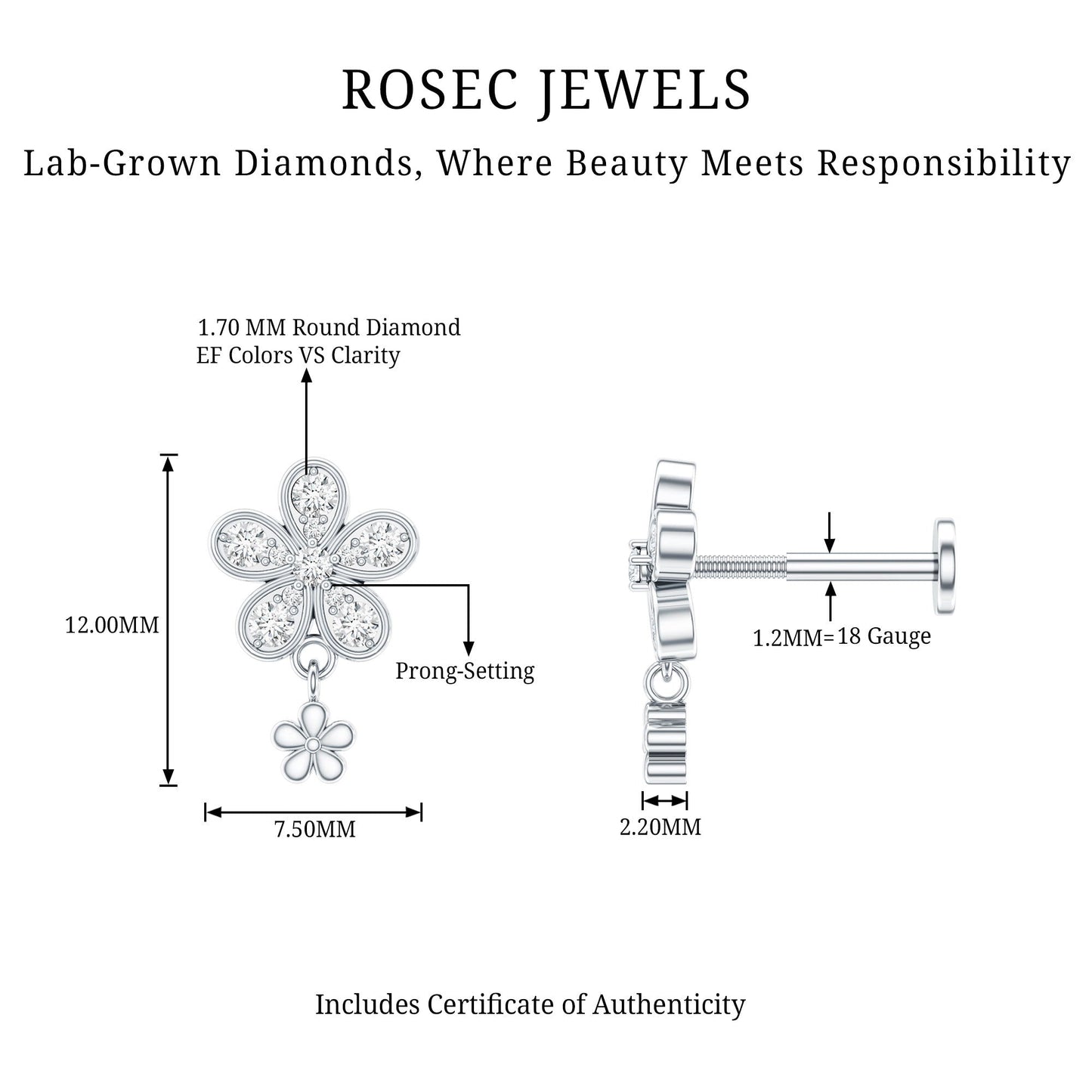 Certified Diamond Flower Helix Drop Earring