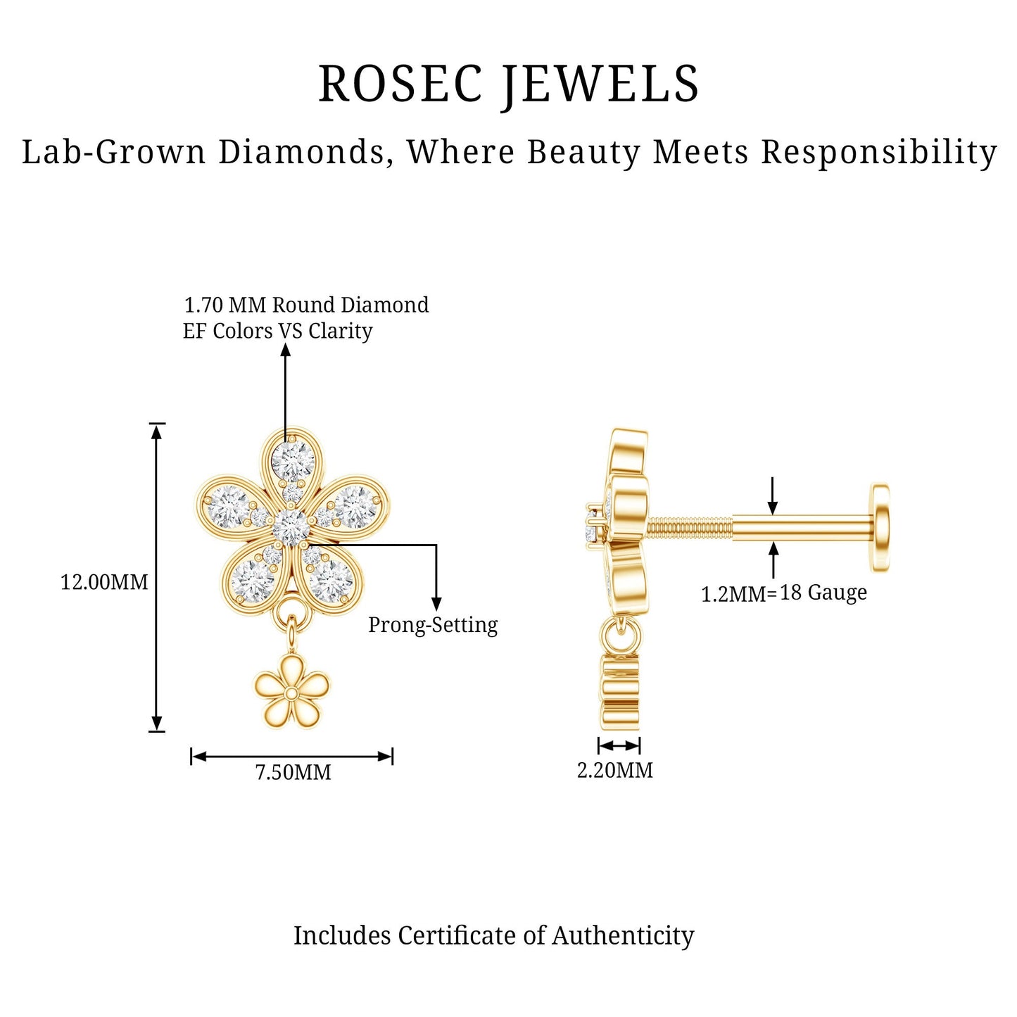 Certified Diamond Flower Helix Drop Earring