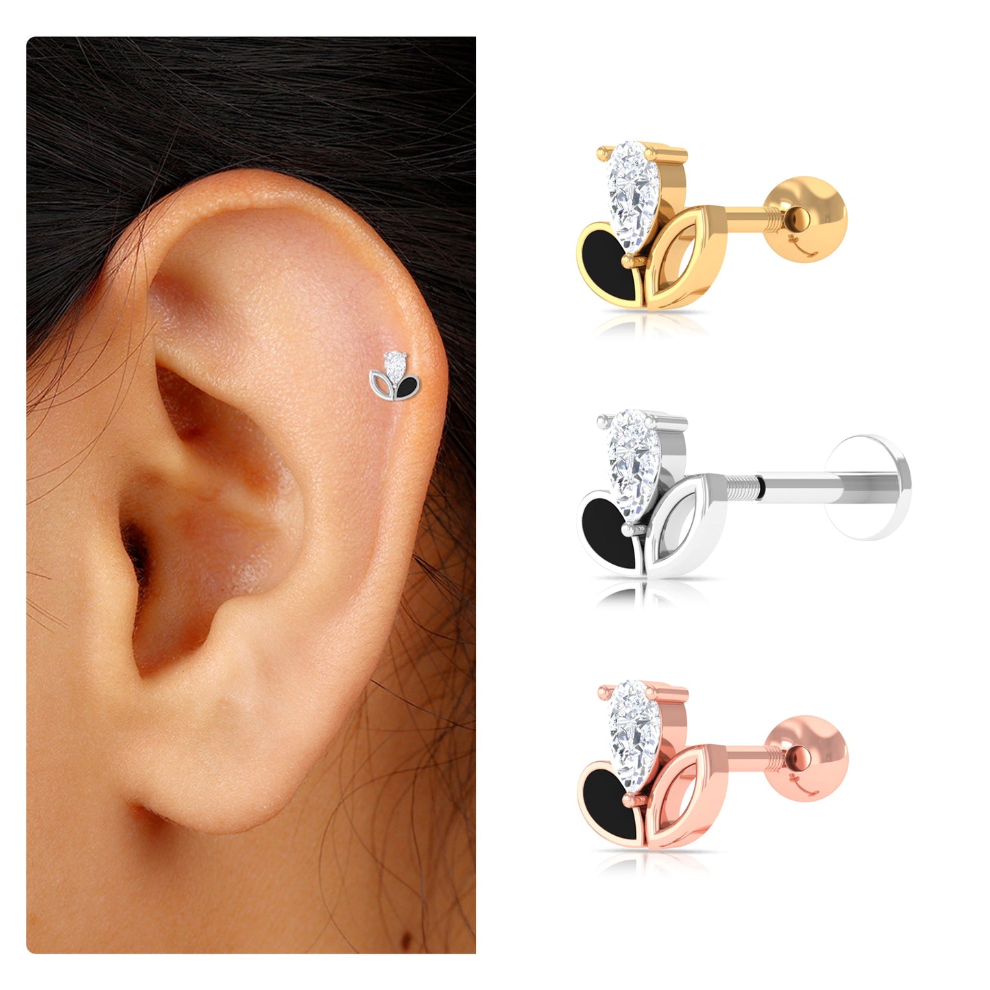 Pear Shape Diamond Leaf Earring for Helix Piercing