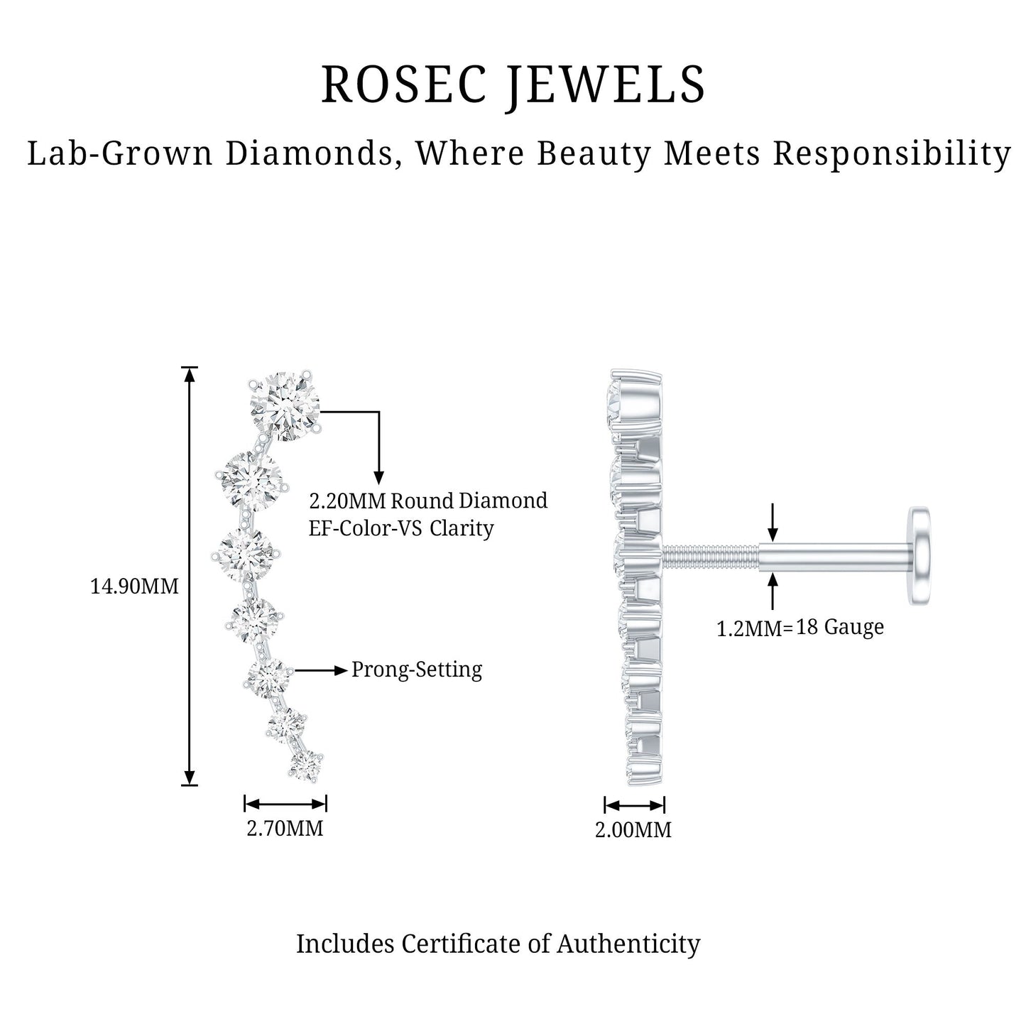 Brilliant Cut Diamond Ear Climber Earring for Helix Piercing