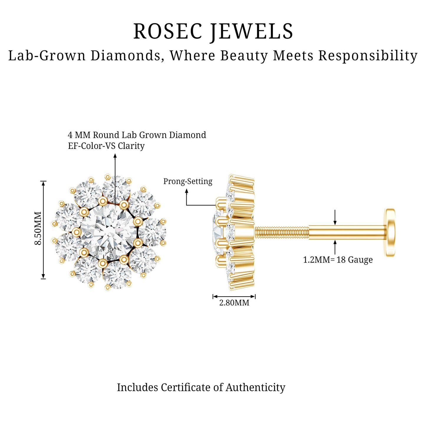 Certified Diamond Cluster Stud Earring with Flat Back