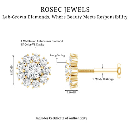 Certified Diamond Cluster Stud Earring with Flat Back