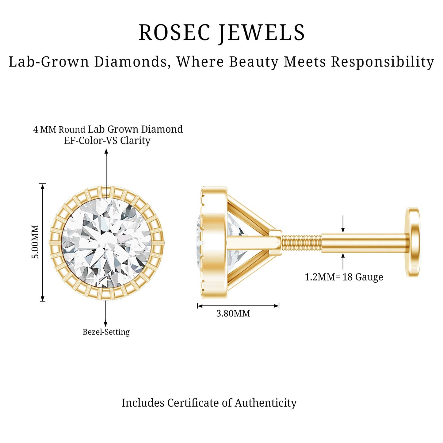 Bezel Set Diamond Solitaire Stud Earring for Helix Piercing