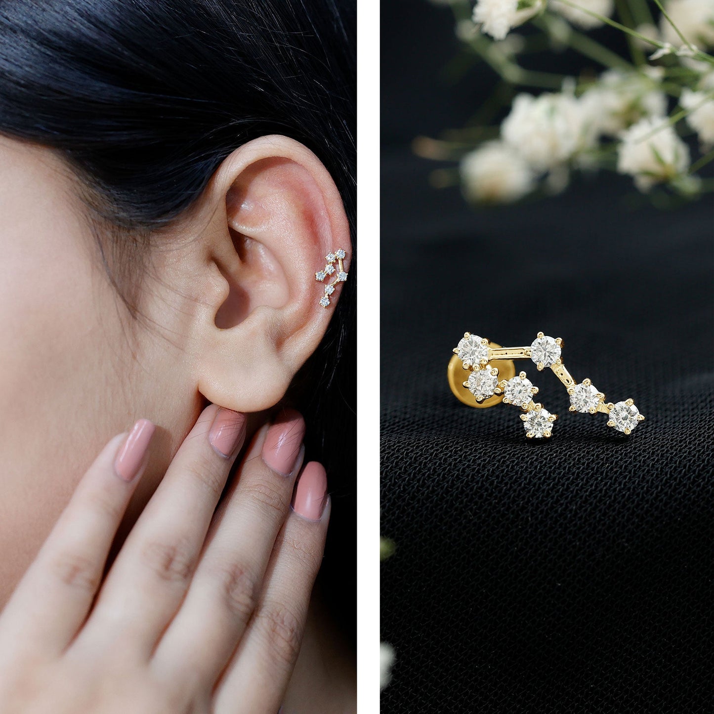 Round Diamond Gemini Zodiac Cartilage Earring