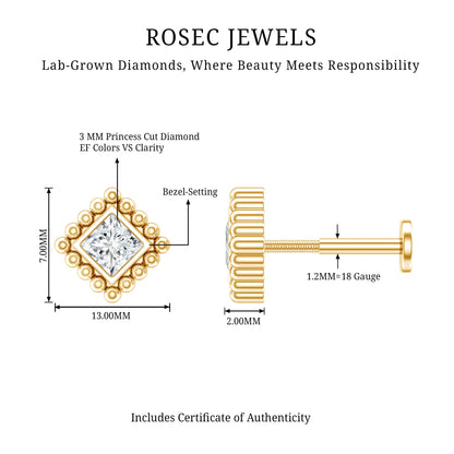 Princess Cut Diamond Solitaire Earring in Beaded Bezel Setting